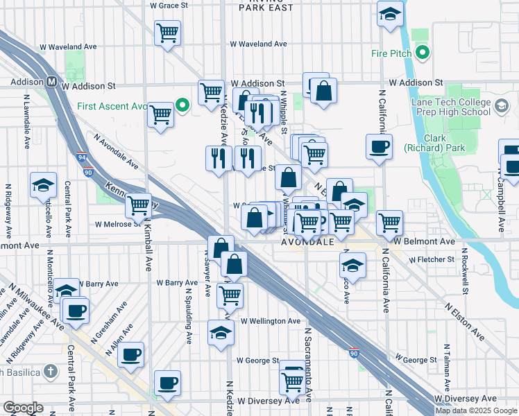 map of restaurants, bars, coffee shops, grocery stores, and more near 3311 North Albany Avenue in Chicago