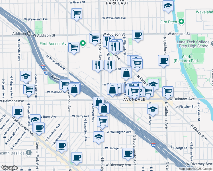 map of restaurants, bars, coffee shops, grocery stores, and more near 3310 North Troy Street in Chicago
