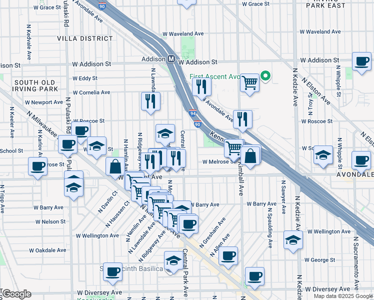 map of restaurants, bars, coffee shops, grocery stores, and more near 3311 North Central Park Avenue in Chicago