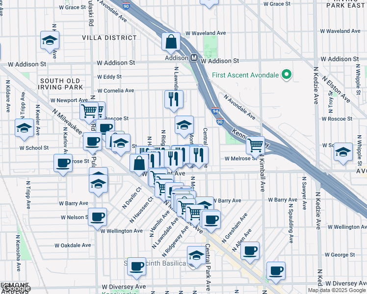 map of restaurants, bars, coffee shops, grocery stores, and more near 3312 North Lawndale Avenue in Chicago