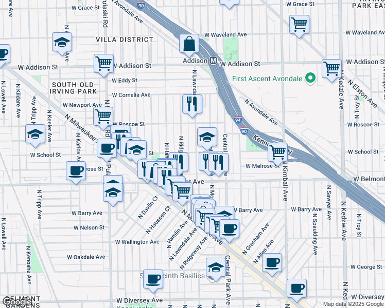map of restaurants, bars, coffee shops, grocery stores, and more near 3312 North Lawndale Avenue in Chicago