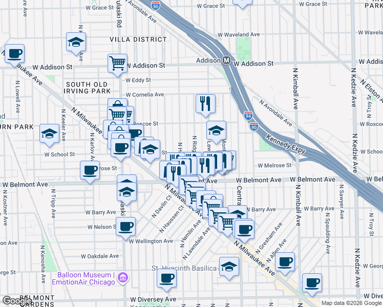 map of restaurants, bars, coffee shops, grocery stores, and more near 3316 North Ridgeway Avenue in Chicago