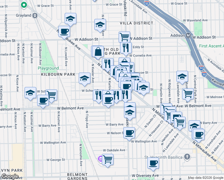 map of restaurants, bars, coffee shops, grocery stores, and more near 3318 North Keystone Avenue in Chicago