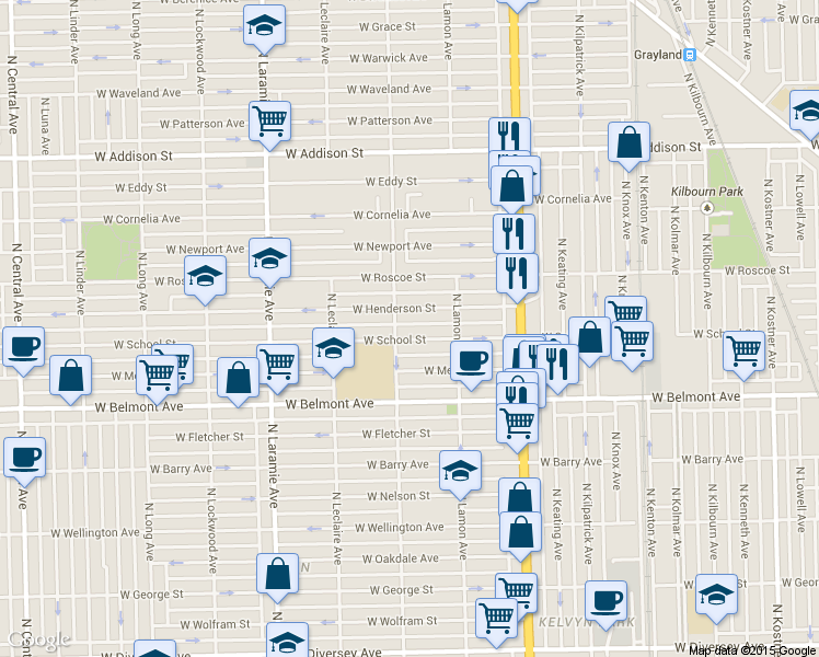 map of restaurants, bars, coffee shops, grocery stores, and more near 4960 West Henderson Street in Chicago