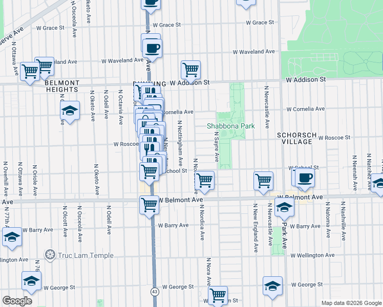 map of restaurants, bars, coffee shops, grocery stores, and more near 3359 North Nottingham Avenue in Chicago