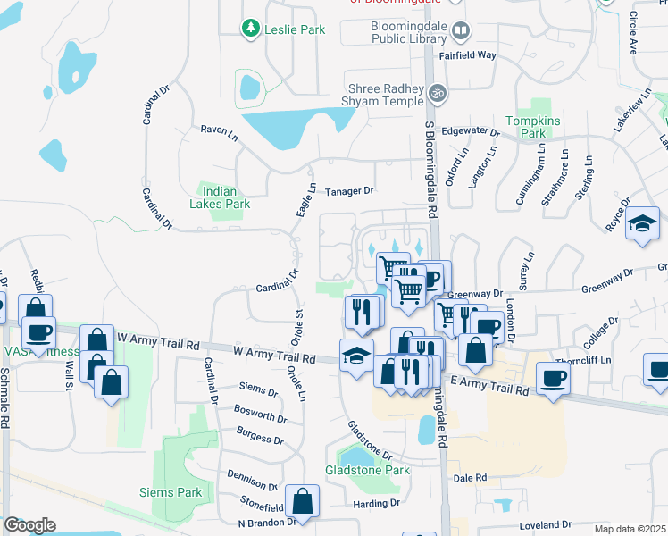 map of restaurants, bars, coffee shops, grocery stores, and more near 2282 Century Point Lane in Glendale Heights