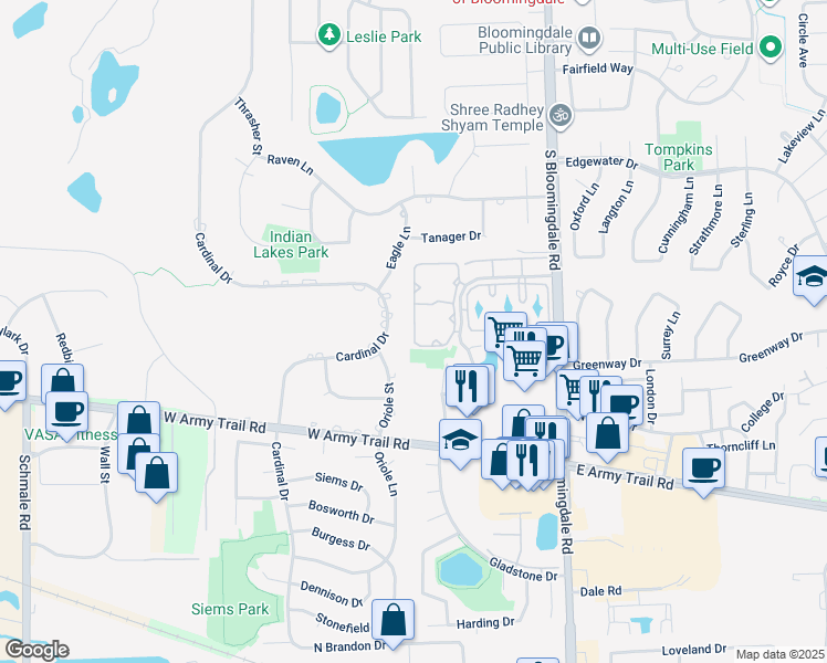 map of restaurants, bars, coffee shops, grocery stores, and more near 2282 Century Point Lane in Glendale Heights