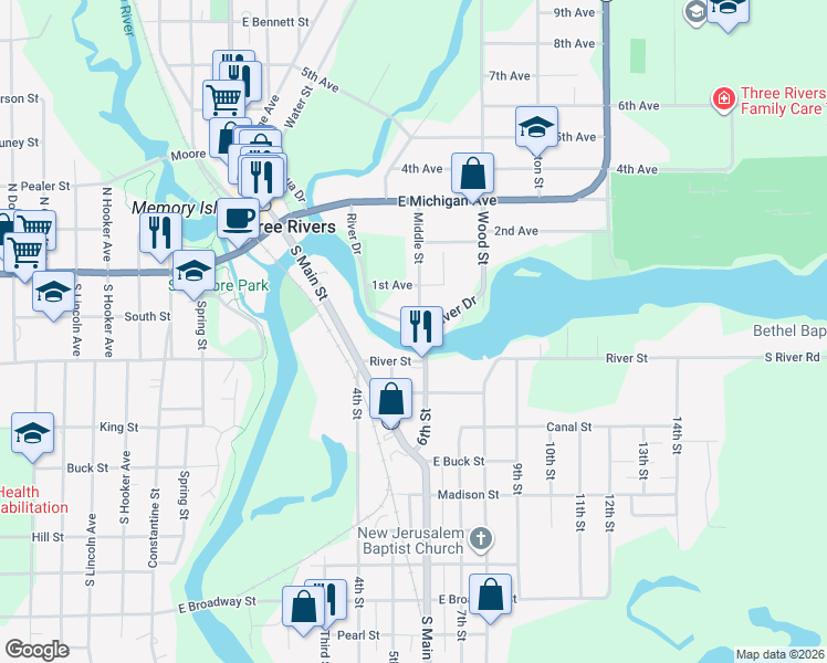 map of restaurants, bars, coffee shops, grocery stores, and more near 116 Middle Street in Three Rivers