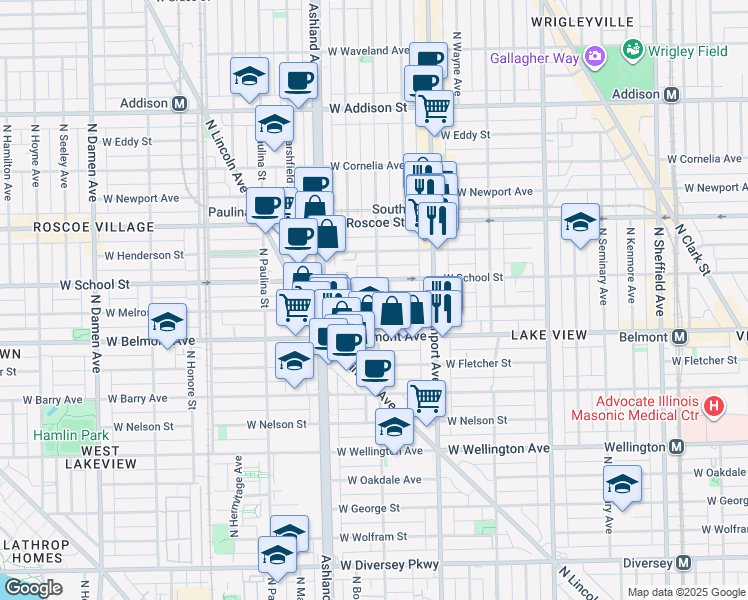 map of restaurants, bars, coffee shops, grocery stores, and more near 3244 North Greenview Avenue in Chicago