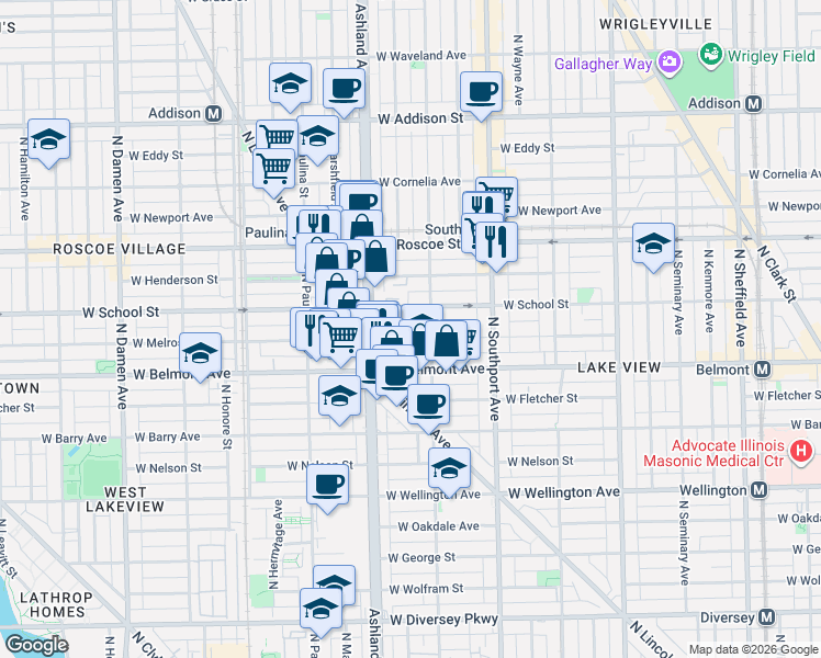 map of restaurants, bars, coffee shops, grocery stores, and more near 1529 West School Street in Chicago