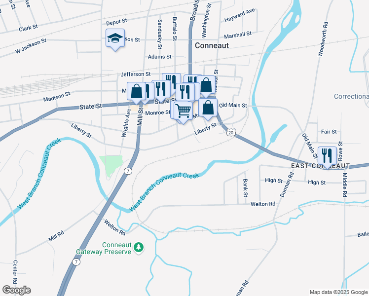 map of restaurants, bars, coffee shops, grocery stores, and more near 301 Liberty Street in Conneaut
