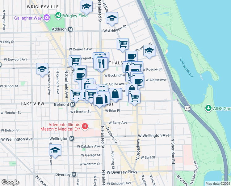 map of restaurants, bars, coffee shops, grocery stores, and more near 729 West Aldine Avenue in Chicago