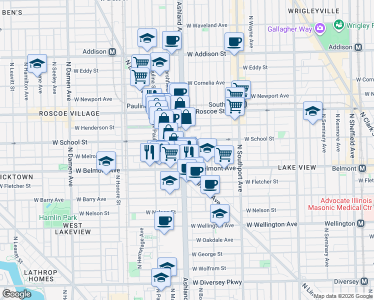map of restaurants, bars, coffee shops, grocery stores, and more near 3245 North Ashland Avenue in Chicago