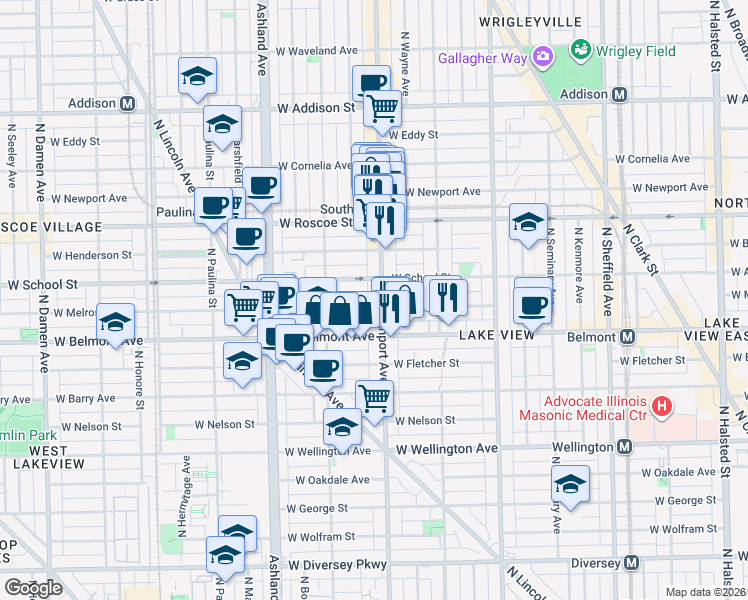 map of restaurants, bars, coffee shops, grocery stores, and more near 1415 West School Street in Chicago