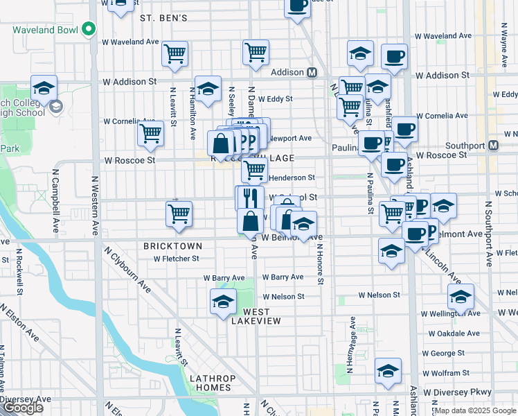 map of restaurants, bars, coffee shops, grocery stores, and more near 1952 West School Street in Chicago