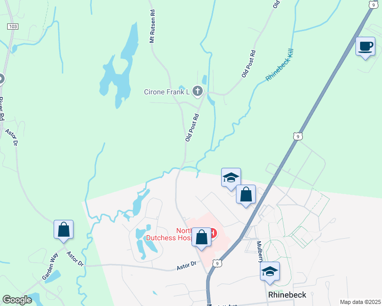 map of restaurants, bars, coffee shops, grocery stores, and more near 20 Old Post Road in Rhinebeck