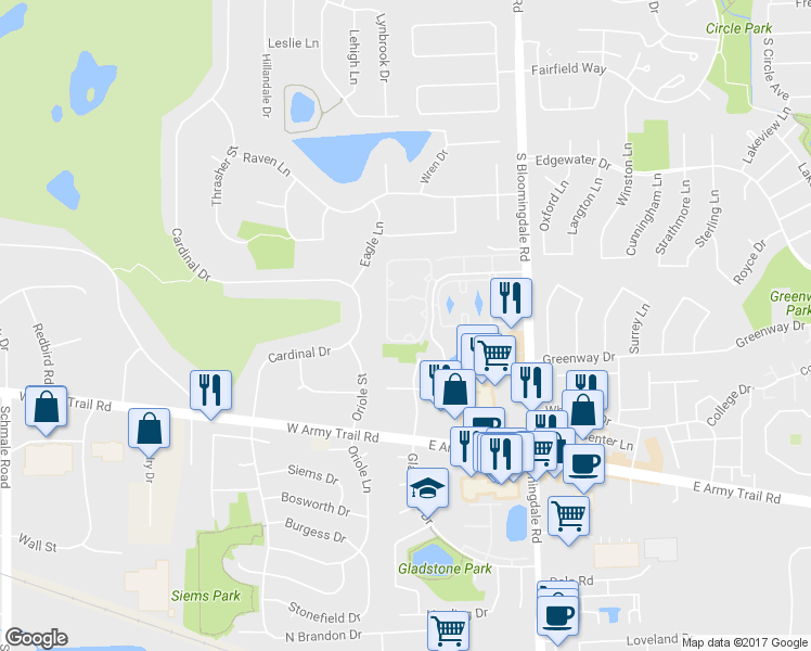 map of restaurants, bars, coffee shops, grocery stores, and more near 2268 Century Point Lane in Glendale Heights