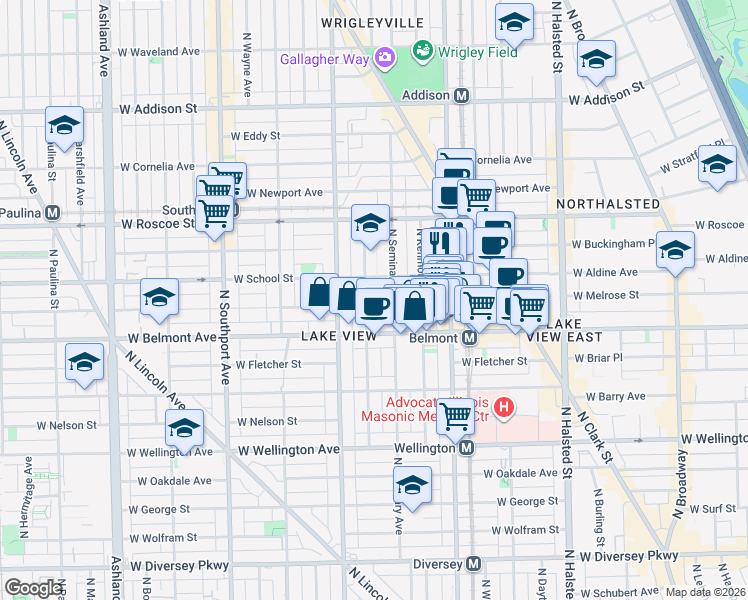 map of restaurants, bars, coffee shops, grocery stores, and more near 3256 North Seminary Avenue in Chicago