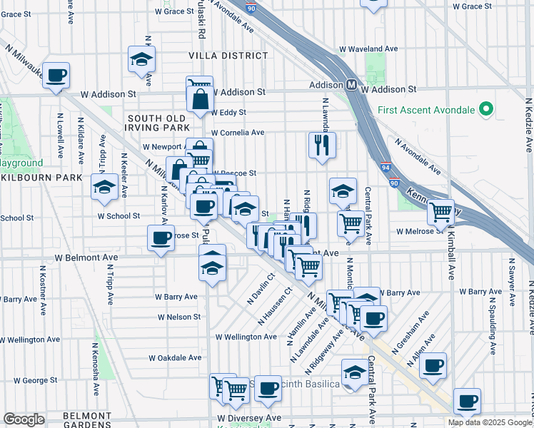 map of restaurants, bars, coffee shops, grocery stores, and more near North Avers Avenue in Chicago