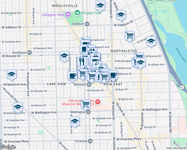 map of restaurants, bars, coffee shops, grocery stores, and more near 915 West School Street in Chicago