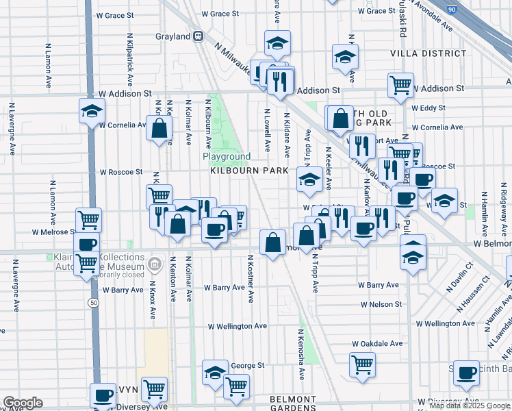 map of restaurants, bars, coffee shops, grocery stores, and more near 4341 West Henderson Street in Chicago