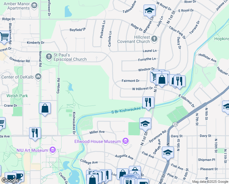map of restaurants, bars, coffee shops, grocery stores, and more near 414 West Hillcrest Drive in DeKalb