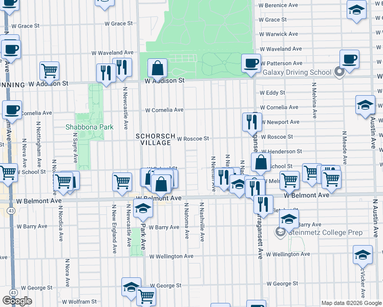map of restaurants, bars, coffee shops, grocery stores, and more near 6622 West Henderson Street in Chicago