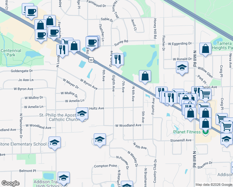 map of restaurants, bars, coffee shops, grocery stores, and more near 4N425 Eighth Avenue in Addison