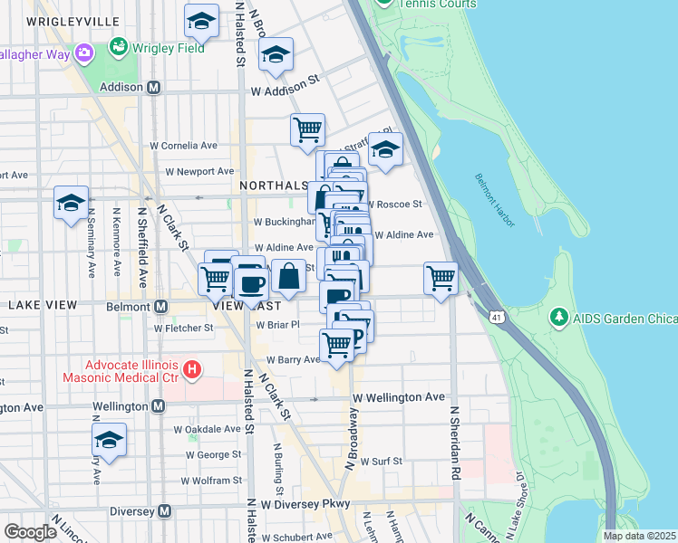 map of restaurants, bars, coffee shops, grocery stores, and more near 3257 North Broadway in Chicago