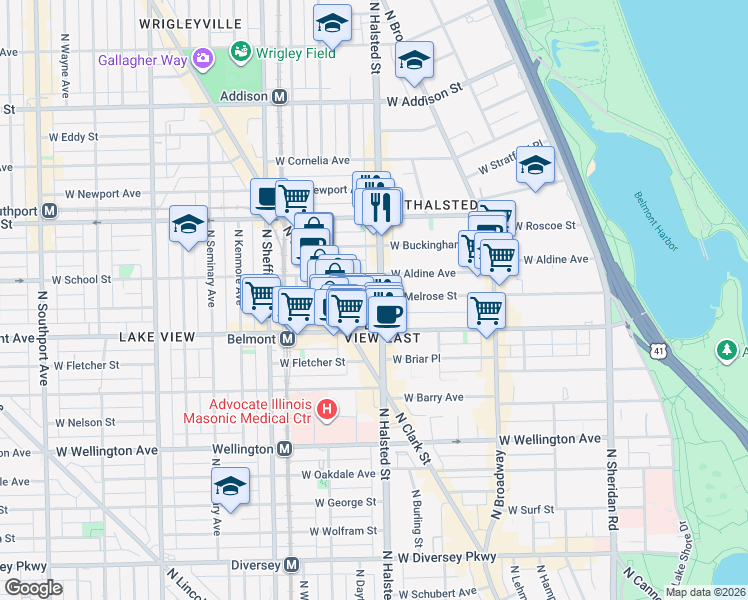 map of restaurants, bars, coffee shops, grocery stores, and more near 3254 North Halsted Street in Chicago