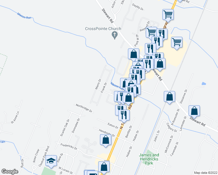 map of restaurants, bars, coffee shops, grocery stores, and more near 1360 Paul Court in Monroe