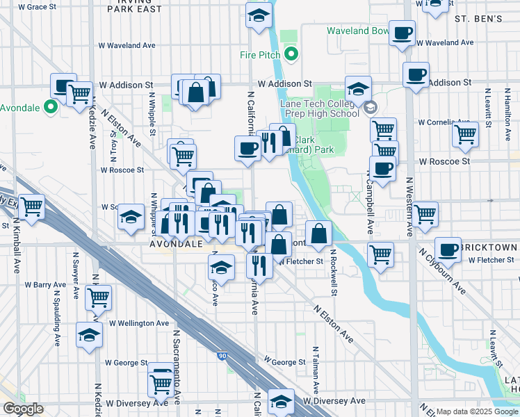map of restaurants, bars, coffee shops, grocery stores, and more near 3269 North California Avenue in Chicago