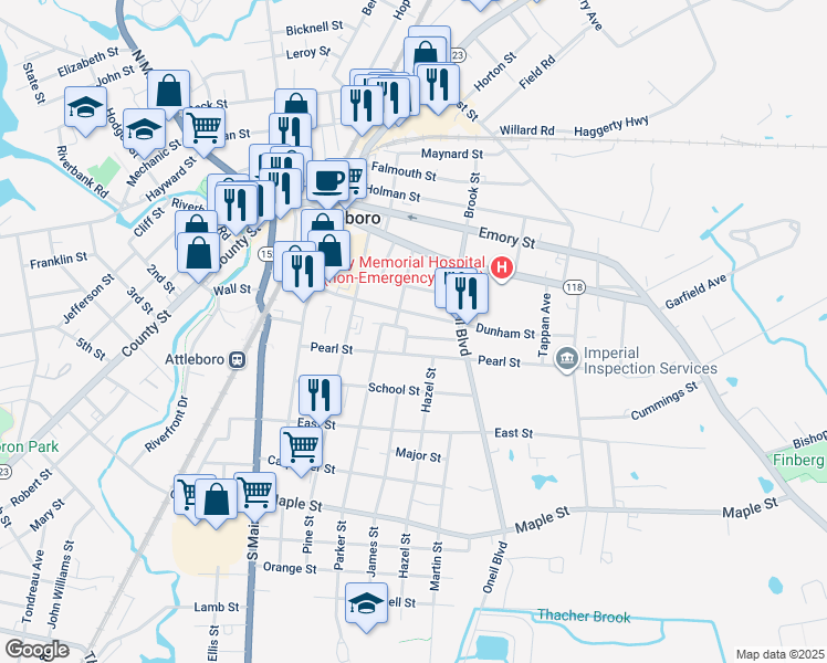 map of restaurants, bars, coffee shops, grocery stores, and more near 64 Dunham Street in Attleboro