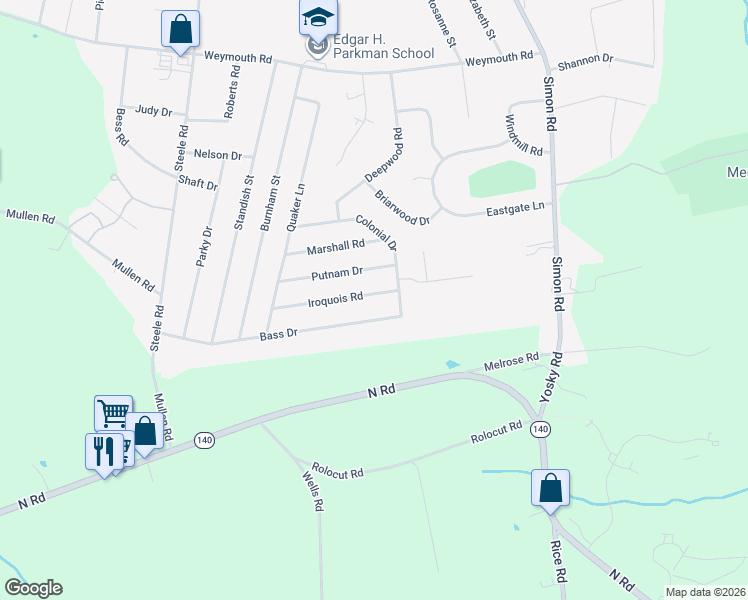 map of restaurants, bars, coffee shops, grocery stores, and more near 21 Iroquois Road in Enfield