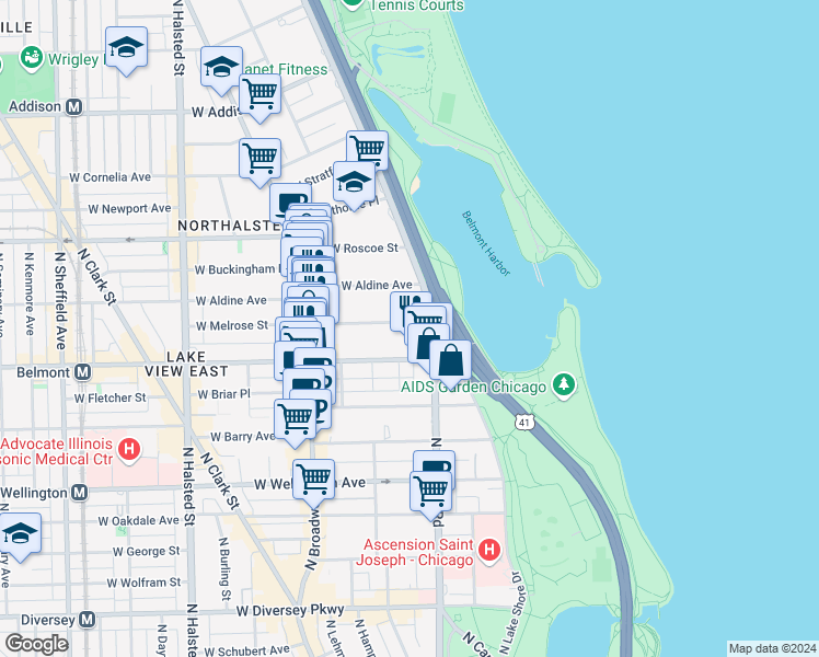 map of restaurants, bars, coffee shops, grocery stores, and more near 420 West Melrose Street in Chicago