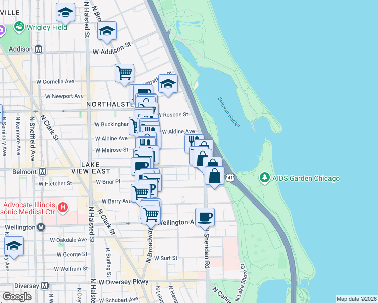 map of restaurants, bars, coffee shops, grocery stores, and more near 420 West Melrose Street in Chicago