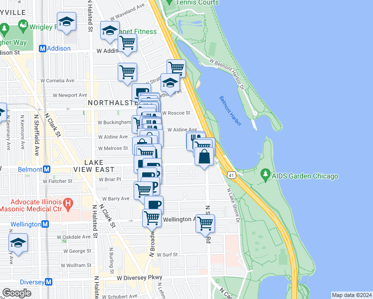 map of restaurants, bars, coffee shops, grocery stores, and more near 500 West Melrose Street in Chicago