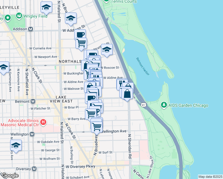 map of restaurants, bars, coffee shops, grocery stores, and more near 500 West Melrose Street in Chicago