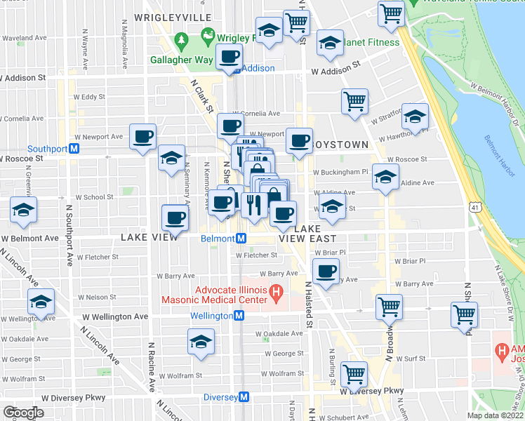 map of restaurants, bars, coffee shops, grocery stores, and more near in Chicago