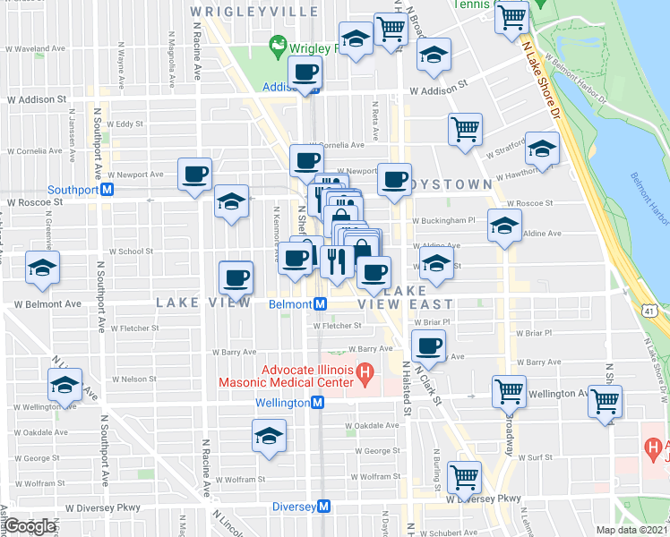 map of restaurants, bars, coffee shops, grocery stores, and more near 915 West School Street in Chicago