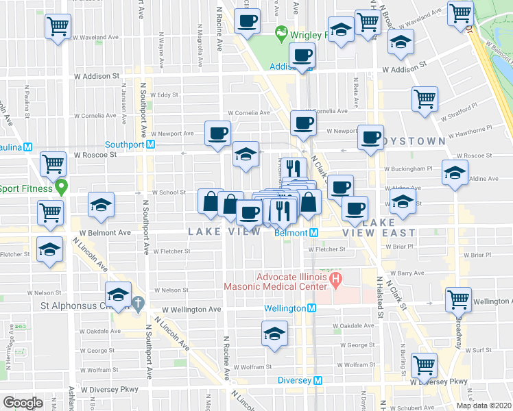 map of restaurants, bars, coffee shops, grocery stores, and more near 3256 North Seminary Avenue in Chicago