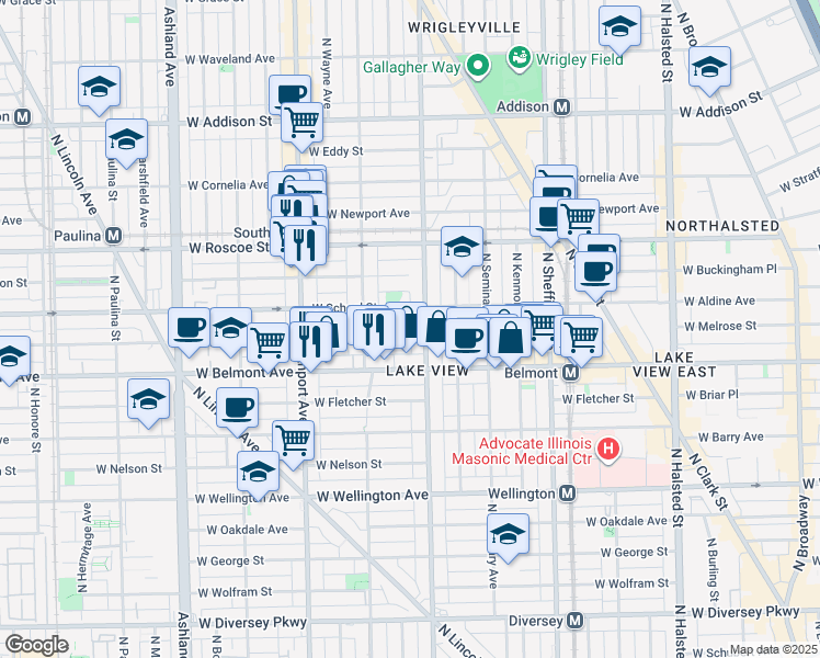 map of restaurants, bars, coffee shops, grocery stores, and more near 1225 West School Street in Chicago