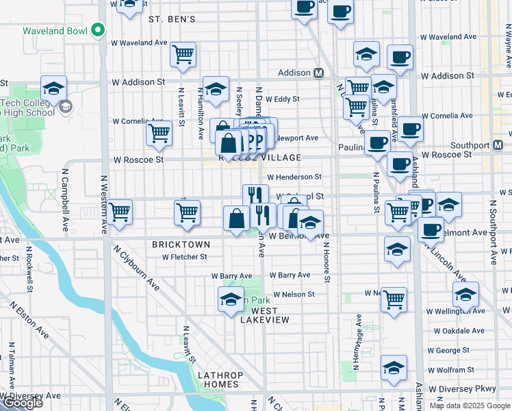 map of restaurants, bars, coffee shops, grocery stores, and more near 1952 West School Street in Chicago