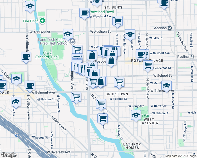 map of restaurants, bars, coffee shops, grocery stores, and more near 3300 North Claremont Avenue in Chicago