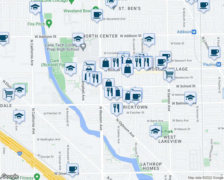 map of restaurants, bars, coffee shops, grocery stores, and more near 3300 North Claremont Avenue in Chicago