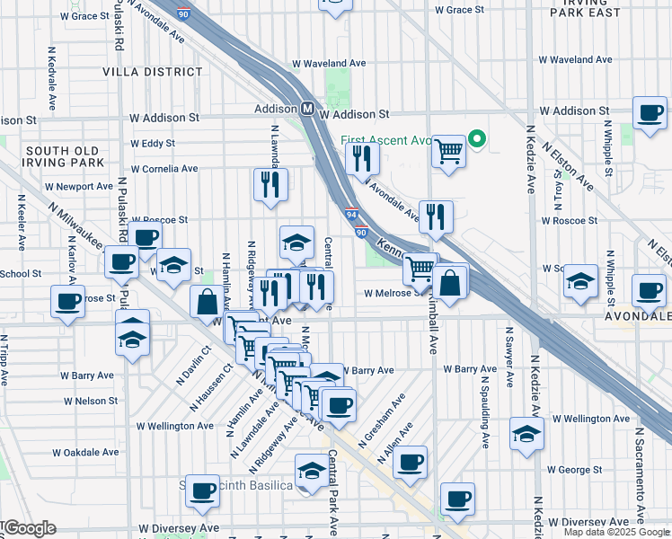 map of restaurants, bars, coffee shops, grocery stores, and more near 3311 North Central Park Avenue in Chicago