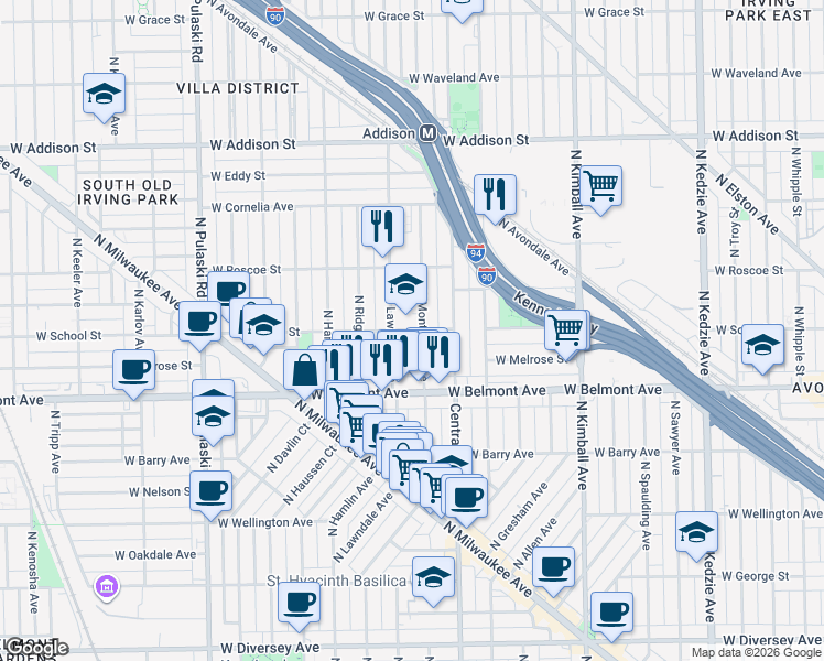 map of restaurants, bars, coffee shops, grocery stores, and more near 3315 North Monticello Avenue in Chicago