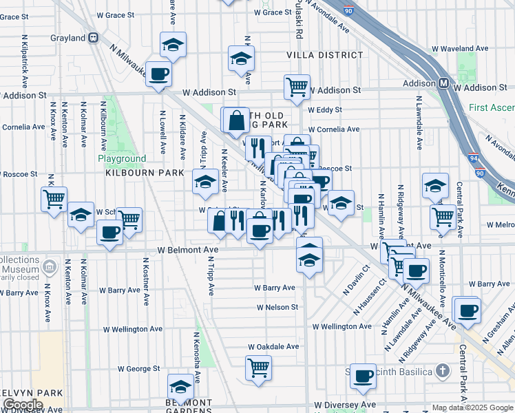 map of restaurants, bars, coffee shops, grocery stores, and more near 4121 West Henderson Street in Chicago