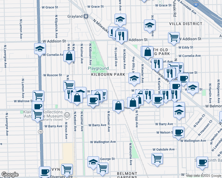 map of restaurants, bars, coffee shops, grocery stores, and more near 4341 West Henderson Street in Chicago