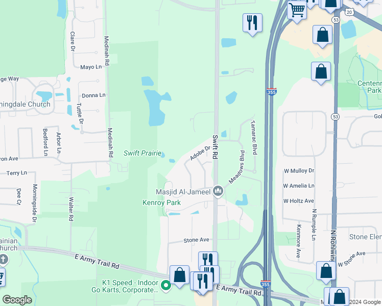 map of restaurants, bars, coffee shops, grocery stores, and more near 2134 Adobe Drive in Addison